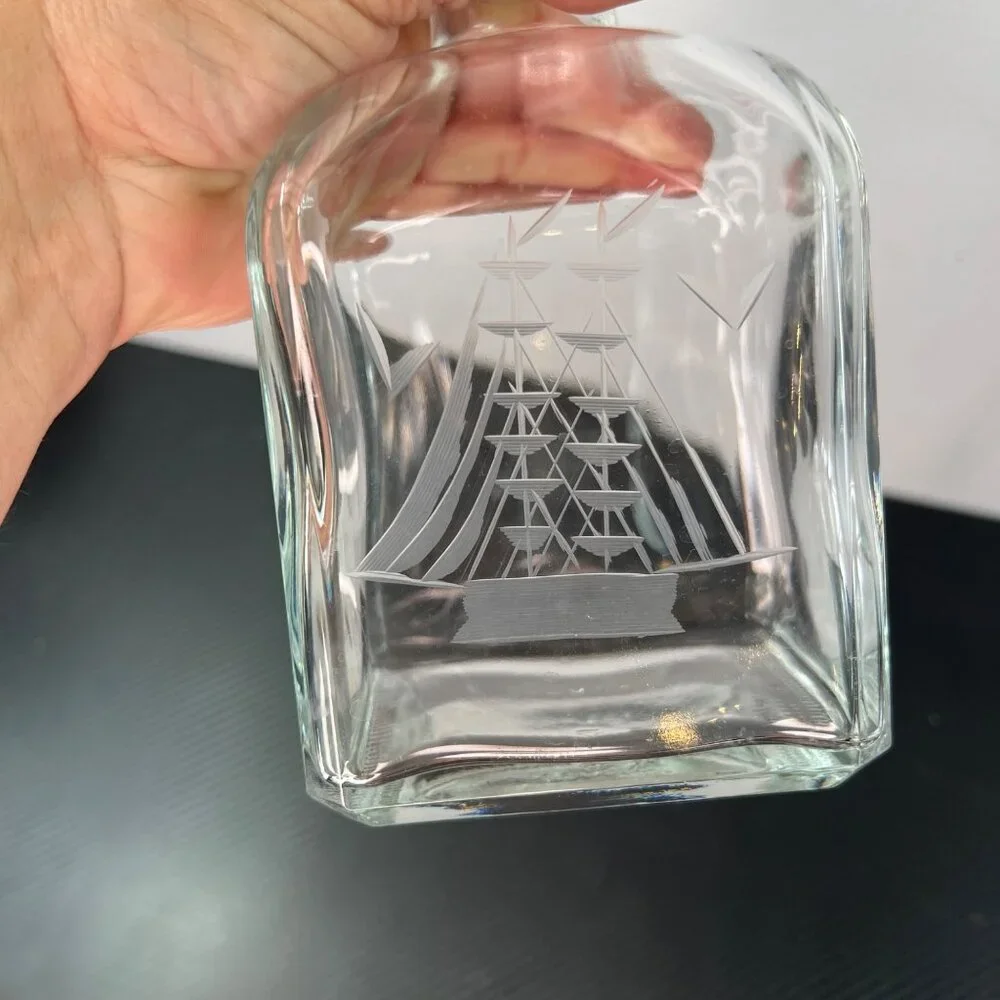 Vintage Liquor Decanter Bottle Nautical Etched Sailboat Schooner Cork Stopper